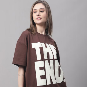 Women Typography Printed Round Neck Cotton Oversize T-shirt