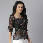 Black & Red Floral Georgette Cinched Waist Top